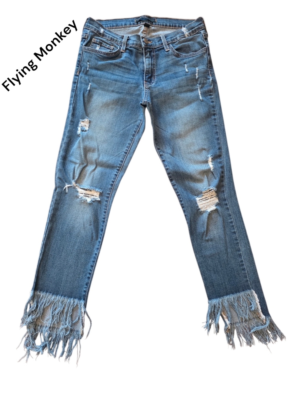 Flying Monkey Distressed Frayed Hem Jeans in Medium Blue. Size 29